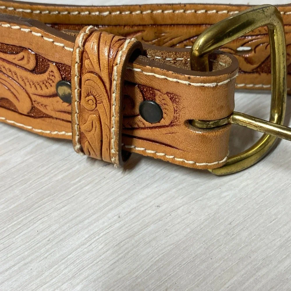Larry Mahan Men Tan Leather Tooled Western Belt 36 Vintage Cowboy Country USA